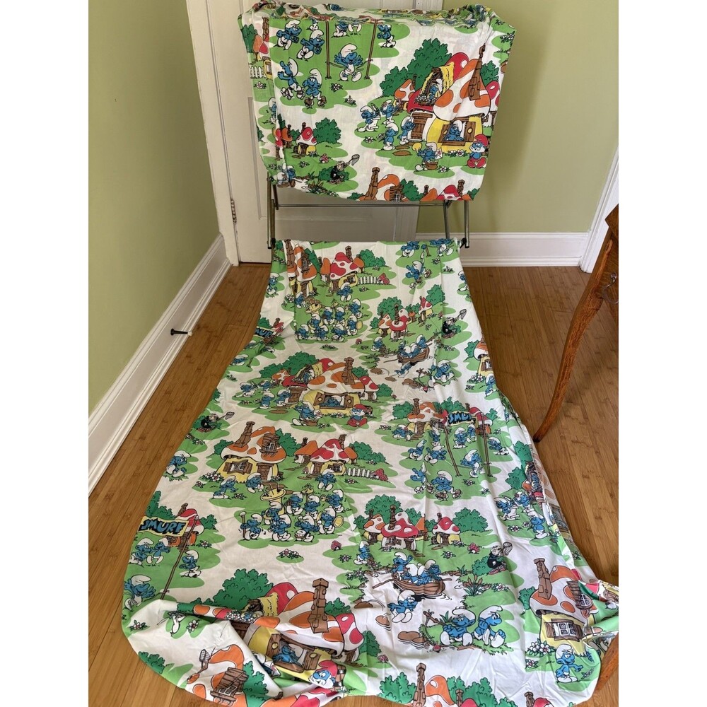Vintage 1980s Smurfs Twin Bed Sheet Set Lawtex Flat Fitted Poly Cotton